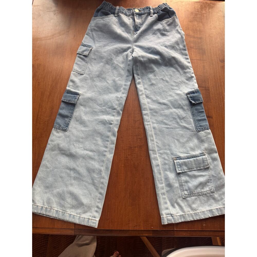 Justice Girls Size 16 Light Wash Denim Wide Leg Cargo Jeans Two-Tone
